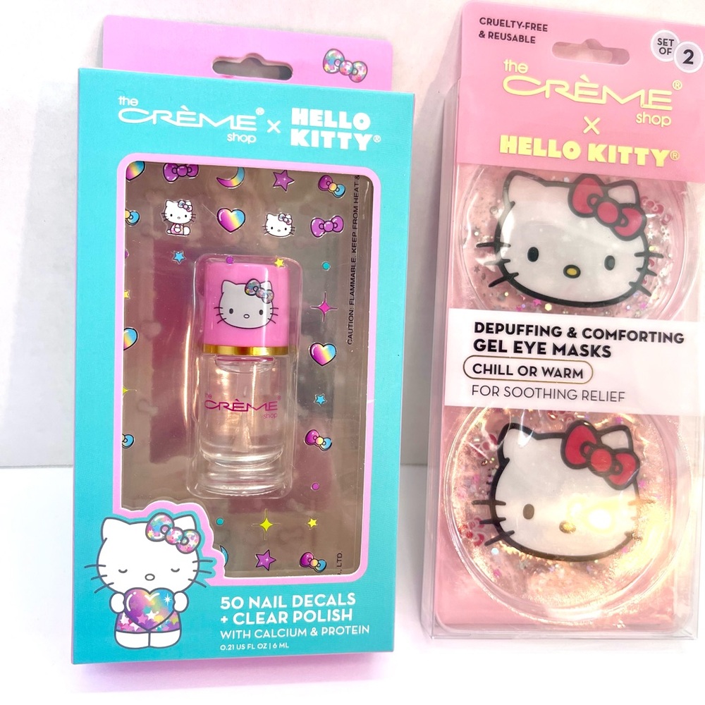 Hello Kitty  40 nail decals + Clear polish & 2pk Comforting Gel Eye Masks. NWT